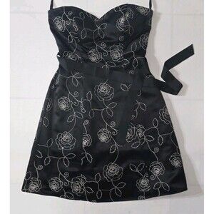 White House Black Market Black Strapless Satin Dress Floral Embroidered Size 4